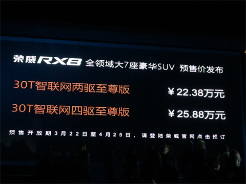 22.38-25.88万元 荣威RX8启动预售